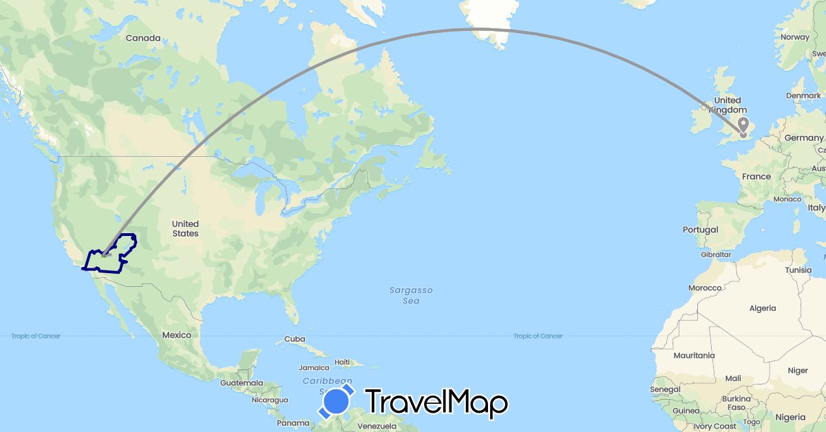 TravelMap itinerary: driving, bus, plane, cycling, hiking, electric vehicle in United Kingdom, United States (Europe, North America)